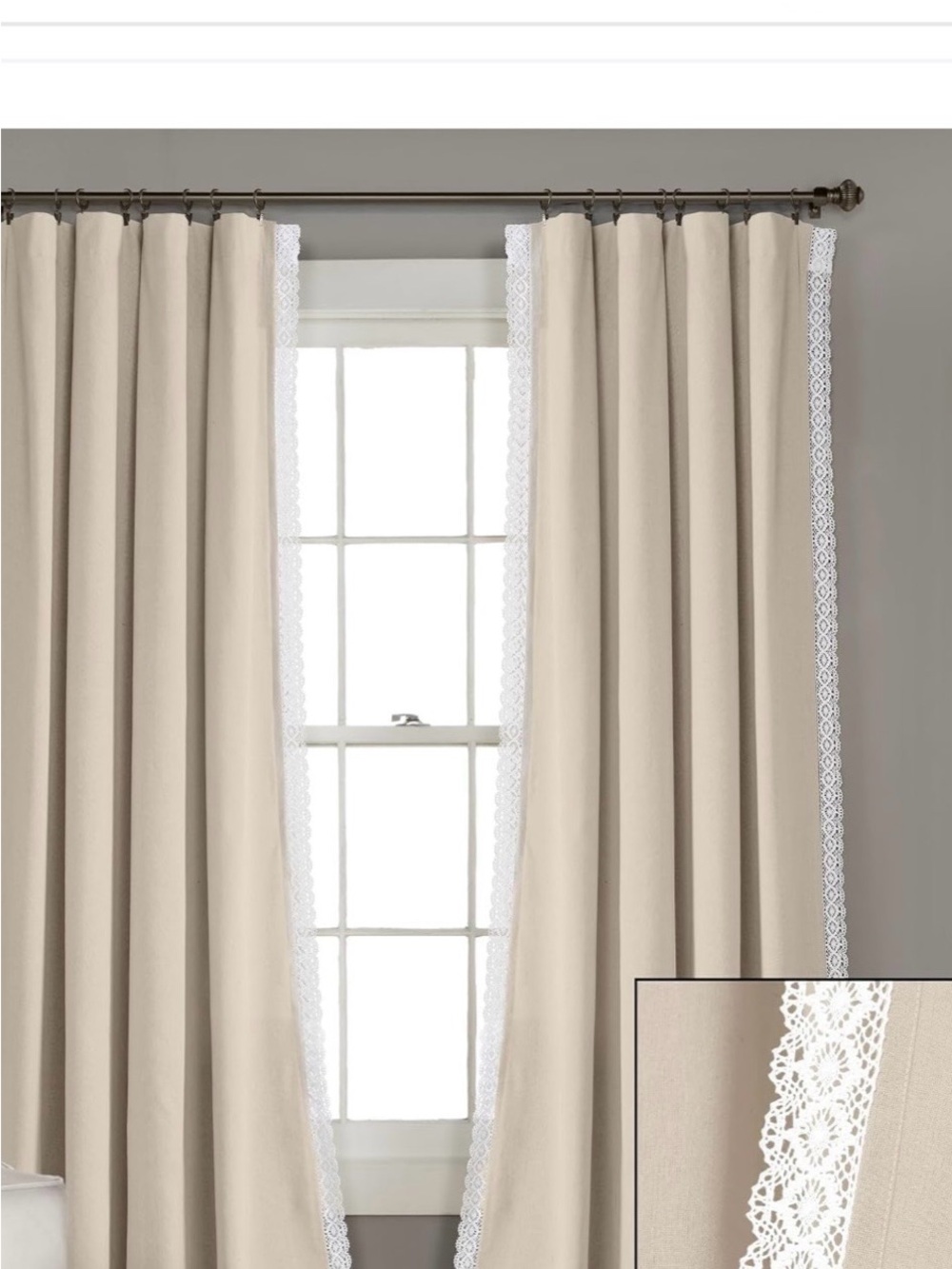 Pair Lush Decor Linen Look Beige Curtain Panels with White Lace Trim -NWT